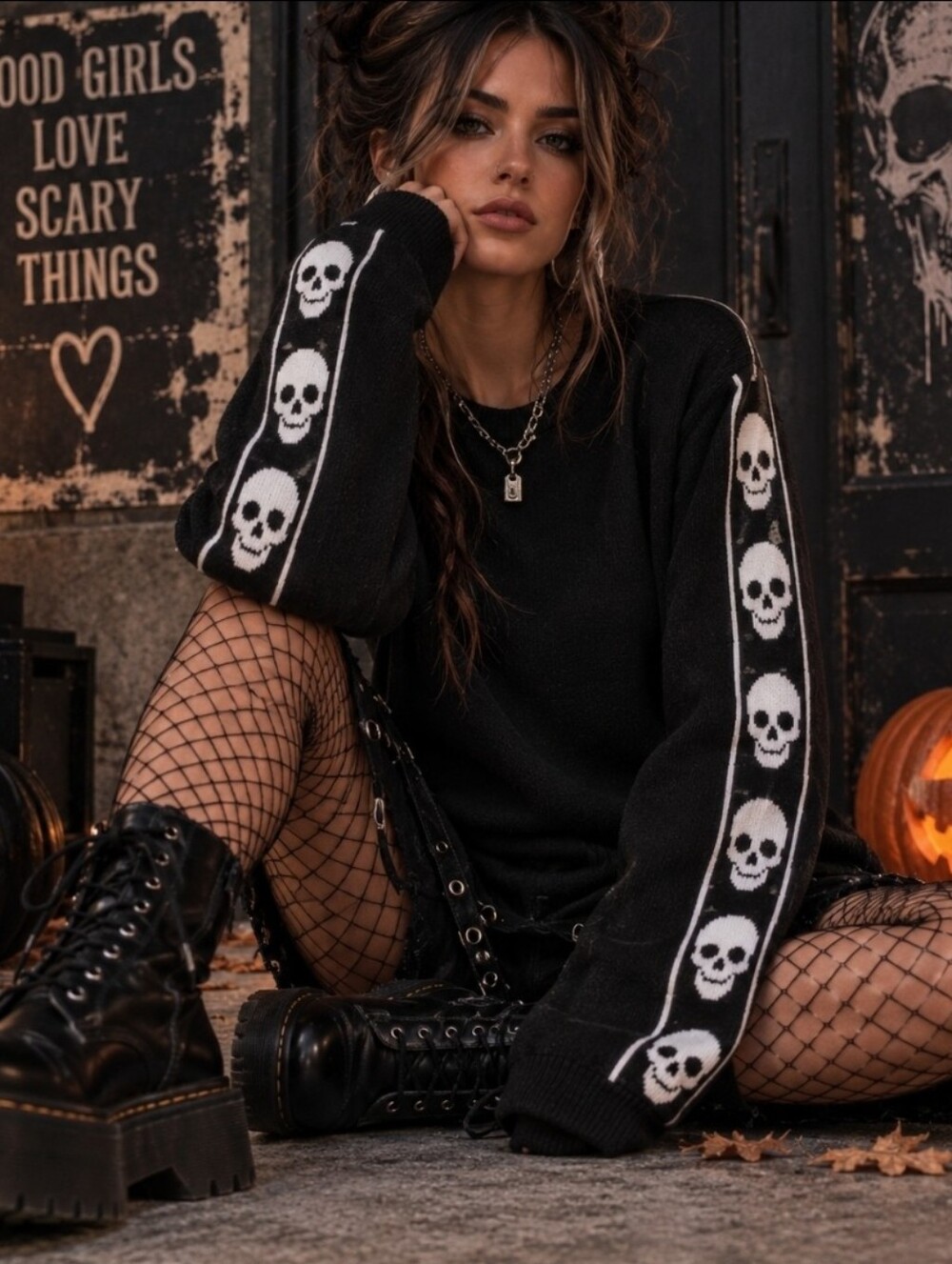Vintage 90s Morbid Threads Skull Sleeve Black Sweater Goth